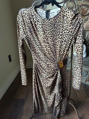 Michael Kors: Leopard Print Long Sleeve Ruched Dress